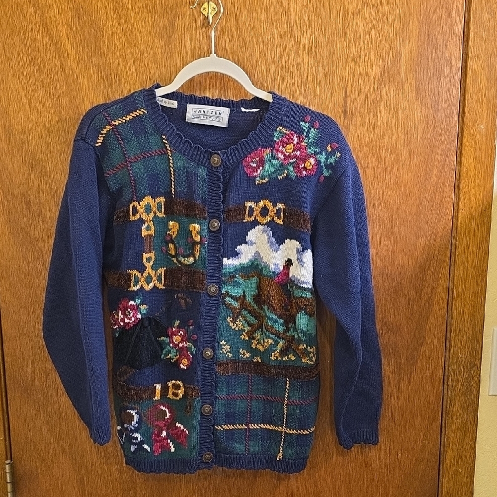 Jantzen Navy Sweater with Colorful Embroidery